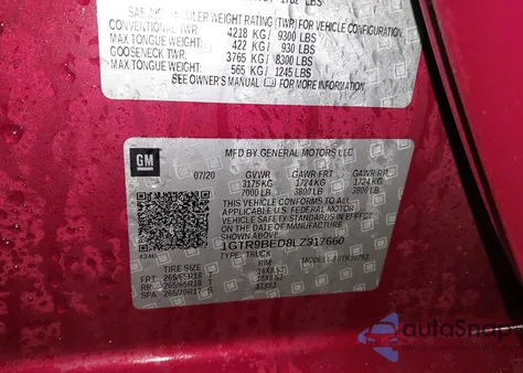 2020 GMC Sierra 1500 4Wd Standard Box Sle from USA, damaged, VIN 1GTR9BED8LZ317660